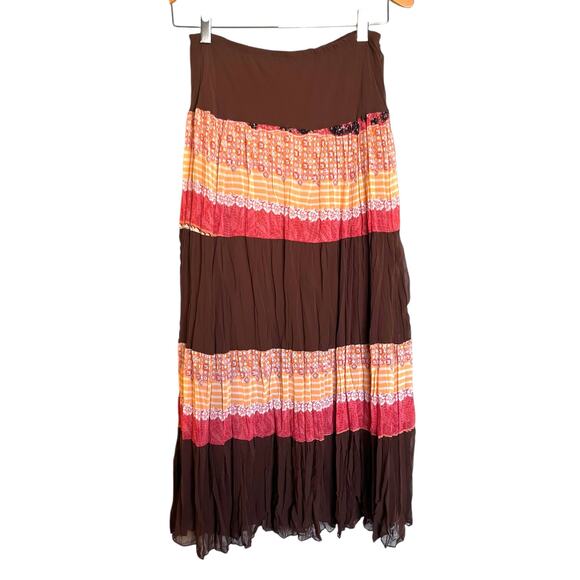 Vintage USA Made Crinkle Pleat Midi Skirt Chocolate Brown Patchwork Print Size L - Picture 2 of 7